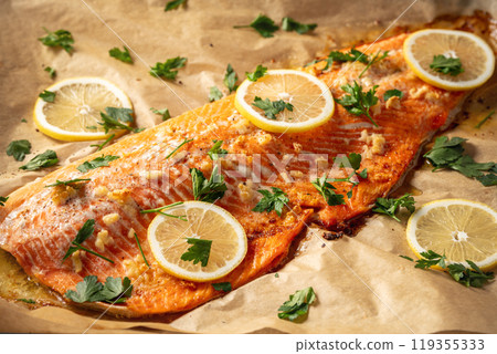 Baked Trout with Garlic and Butter. Keto Diet 119355333