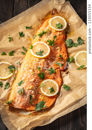 Baked Trout with Garlic and Butter. Keto Diet 119355334