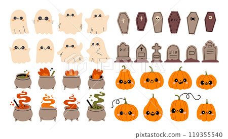 Halloween element set isolated. Ghost, pumpkin, cauldron, grave and coffin. For scrapbooking, card, sticker, poster 119355540