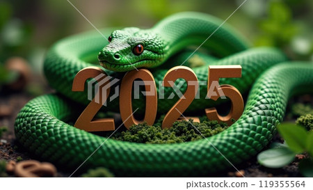 Green snake lies on the numbers of 2025. Symbol of the coming New Year Green snake lies on the numbers of 2025. Symbol of the coming New Year 119355564