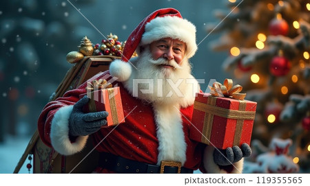 Santa Claus holds gift boxes. Christmas tree on festive background. Concept of Christmas and New Year Santa Claus holds gift boxes. Christmas tree on festive background. Concept of Christmas and New Year 119355565