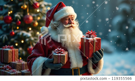 Santa Claus holds gift boxes. Christmas tree on festive background. Concept of Christmas and New Year Santa Claus holds gift boxes. Christmas tree on festive background. Concept of Christmas and New Year 119355566
