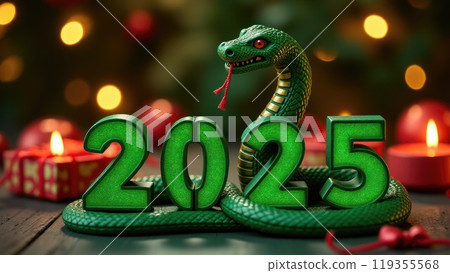 Green snake lies on the numbers of 2025. Symbol of the coming New Year 119355568