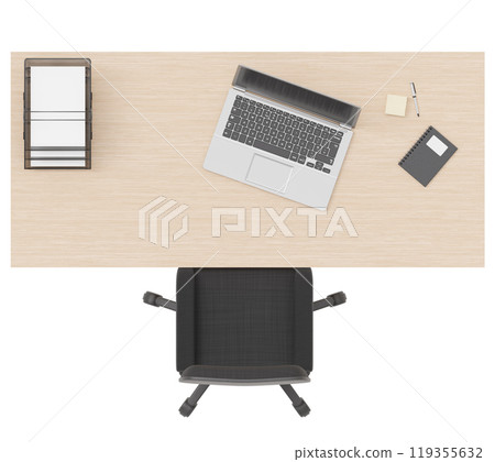 Wooden desk with office chair, isolated on white background. Cut out furniture. Contemporary, minimalist style. Top view, floor plan element. Modern workspace aesthetic. 3D render. Wooden desk with office chair, isolated on white background. Cut out furniture. Contemporary, minimalist style. Top view, floor plan element. Modern workspace aesthetic. 3D render. 119355632