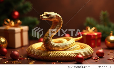 Golden snake lies near the Ghristmas gifts. Symbol of the coming New Year Golden snake lies near the Ghristmas gifts. Symbol of the coming New Year 119355695