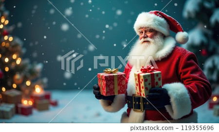 Santa Claus holds gift boxes. Christmas tree on festive background. Concept of Christmas and New Year 119355696