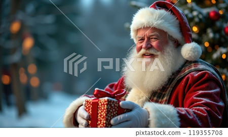 Santa Claus holds gift boxes. Christmas tree on festive background. Concept of Christmas and New Year 119355708