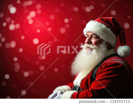 Santa Claus on red festive background. Concept of Christmas and New Year 119355713