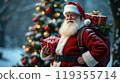 Santa Claus holds gift boxes. Christmas tree on festive background. Concept of Christmas and New Year 119355714