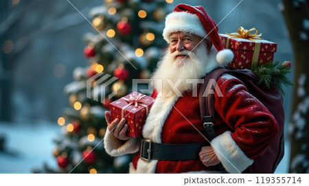 Santa Claus holds gift boxes. Christmas tree on festive background. Concept of Christmas and New Year 119355714