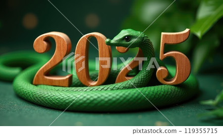 Green snake lies on the numbers of 2025. Symbol of the coming New Year 119355715