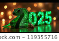 Green snake lies on the numbers of 2025. Symbol of the coming New Year 119355716