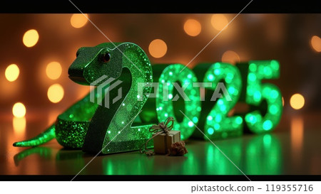 Green snake lies on the numbers of 2025. Symbol of the coming New Year Green snake lies on the numbers of 2025. Symbol of the coming New Year 119355716