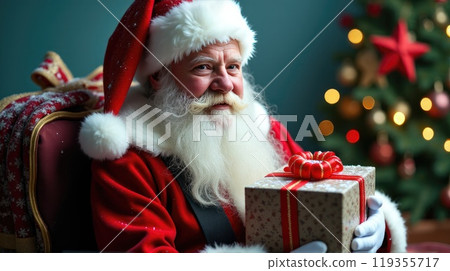 Santa Claus holds gift boxes. Christmas tree on festive background. Concept of Christmas and New Year 119355717