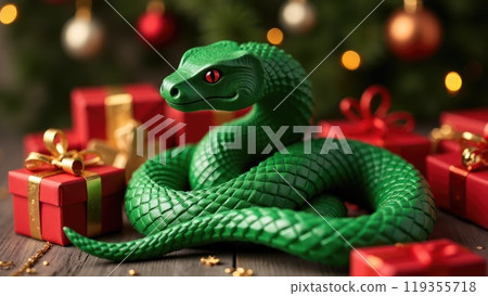 Green snake lies near the Ghristmas gifts. Symbol of the coming New Year Green snake lies near the Ghristmas gifts. Symbol of the coming New Year 119355718