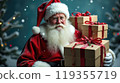 Santa Claus holds gift boxes. Christmas tree on festive background. Concept of Christmas and New Year 119355719