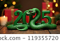 Green snake lies on the numbers of 2025. Symbol of the coming New Year 119355720