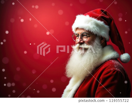 Santa Claus on red festive background. Concept of Christmas and New Year Santa Claus on red festive background. Concept of Christmas and New Year 119355722