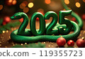 Green snake lies on the numbers of 2025. Symbol of the coming New Year 119355723