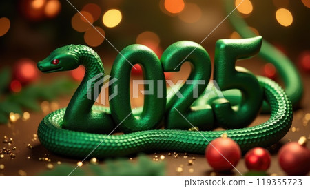 Green snake lies on the numbers of 2025. Symbol of the coming New Year Green snake lies on the numbers of 2025. Symbol of the coming New Year 119355723