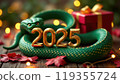 Green snake lies on the numbers of 2025. Symbol of the coming New Year 119355724