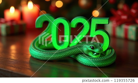 Green snake lies on the numbers of 2025. Symbol of the coming New Year 119355726