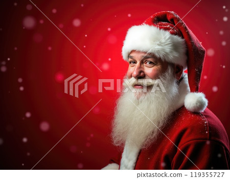 Santa Claus on red festive background. Concept of Christmas and New Year Santa Claus on red festive background. Concept of Christmas and New Year 119355727