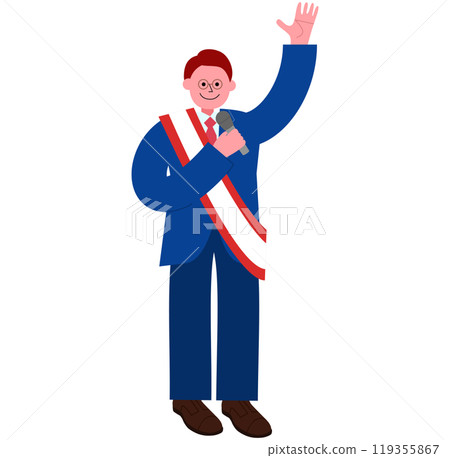 Full-body illustration of a male candidate wearing glasses and a suit waving to the audience during an election speech Full-body illustration of a male candidate wearing glasses and a suit waving to the audience during an election speech 119355867