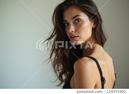 Beautiful young woman model in sexy luxury bra on light background. Generative AI 119355902