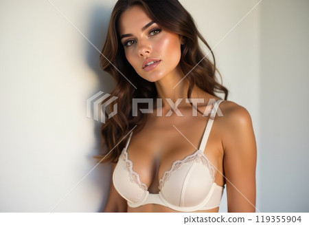Beautiful young woman model in sexy luxury bra on light background. Generative AI 119355904