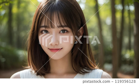 A woman smiling gently in the mountains 119356128