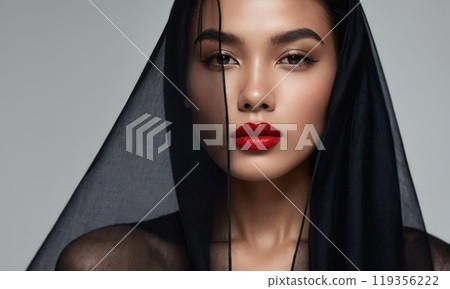 Portrait model pretty woman is partially hidden by transparent flowing fabric. Bright red lipstick on her lips. Generative AI Portrait model pretty woman is partially hidden by transparent flowing fabric. Bright red lipstick on her lips. Generative AI 119356222