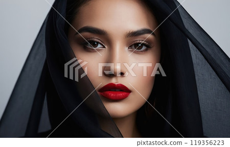 Portrait model pretty woman is partially hidden by transparent flowing fabric. Bright red lipstick on her lips. Generative AI 119356223