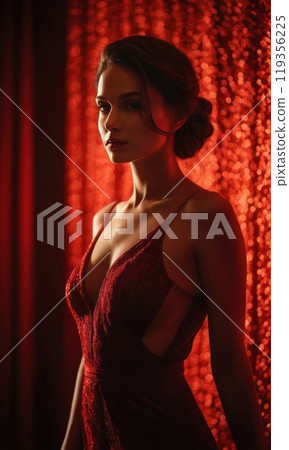 Model luxury woman in red dress with a neckline, dark silhouette. Generative AI Model luxury woman in red dress with a neckline, dark silhouette. Generative AI 119356225