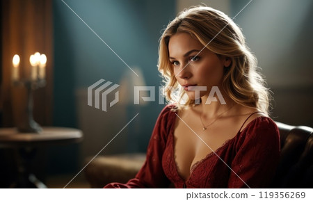 Young pretty model woman blonde alone in the lobby bar. Geverative AI 119356269