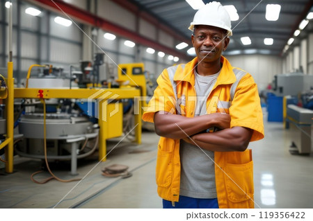 Portrait of Industry factory maintenance engineer, worker or twearing uniform and safety helmet in factory. Engineer,Industry and construction concept. Generative AI 119356422