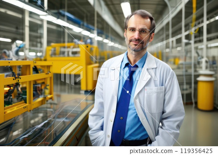 Portrait of Industry factory maintenance engineer in a white coat in factory. Engineer,Industry and construction concept. Generative AI 119356425