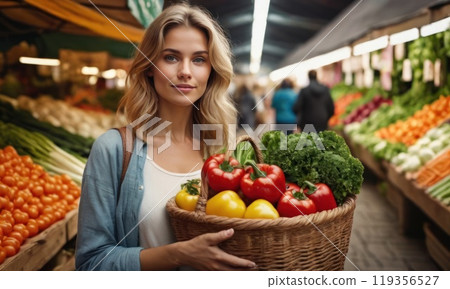 Beautiful pretty caucasian woman in summer clothes at a market picks and buying vegetables. Generative AI 119356527
