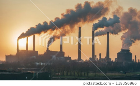 View of a factory or factory with smoke coming out of the pipes. The concept of environmental pollution, nature protection and ecology.. Generative AI 119356966