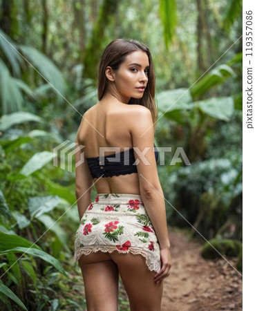 Beautiful girl in a mini skirt and a mini top stands rear view to the tropic forest or jungles. Generative AI 119357086