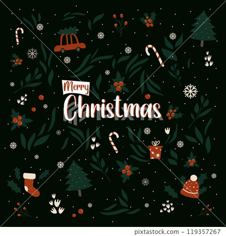 Cute Christmas greeting card.Merry Christmas.New Year elements gift,car,hat,fir tree,snowman,candy,branches, berries,snowflakes and snow.Vector.Great for banners,wallpapers,wrapping. 119357267