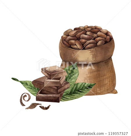 Cocoa beans in burlap with leaves and chocolate pieces watercolor illustration. Hand drawn jute bag full of beans and seeds in brown and green tones for botanical style chocolate packaging design Cocoa beans in burlap with leaves and chocolate pieces watercolor illustration. Hand drawn jute bag full of beans and seeds in brown and green tones for botanical style chocolate packaging design 119357327