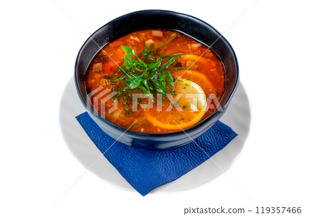 Russian soup Solyanka on white background Russian soup Solyanka on white background 119357466