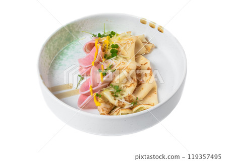 Pancakes with ham and cheese in white plate isolated  on white background for menu with copy space 119357495