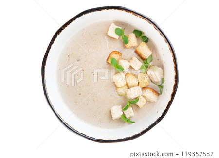 Mushrooms Soup with crackers isolated on white background top view Mushrooms Soup with crackers isolated on white background top view 119357532