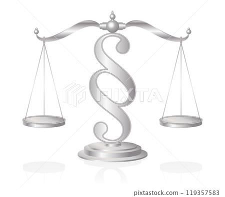 Scales of Justice, a silver colored symbol of measuring support and opposition of a case. Set of scales in balance on a paragraph sign. Lady Justice, Iustitia, is often depicted with a set of scales. 119357583