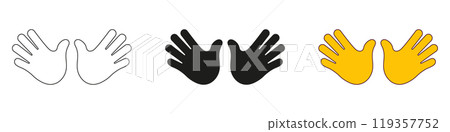 Two Open Hands for Greeting or High Five Gestures Set. Open Palms Line and Silhouette Sign. Double Hands Emoji Icon. Editable Stroke. Isolated Vector Illustration 119357752