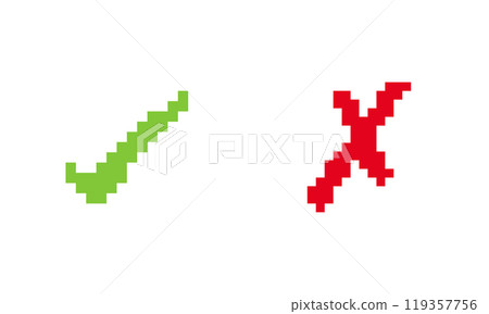 Check Mark Icon. Green Check and Red Cross Icon in Pixel Art Style. Check Box Icon with Right and Wrong Buttons. Isolated Vector Illustration 119357756