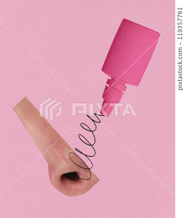 Contemporary art collage. Nose and pink bottle, representing cold treatment. Bright, modern, and quirky style with medical focus. Ad 119357761