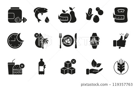 Diet, Weight Management, and Healthy Living Glyph Sign. Nutrition and Fitness Silhouette Icon Set. Food, Diet, and Lifestyle Elements. Isolated Vector Illustration Diet, Weight Management, and Healthy Living Glyph Sign. Nutrition and Fitness Silhouette Icon Set. Food, Diet, and Lifestyle Elements. Isolated Vector Illustration 119357763